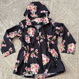 Susan Graver Lightweight Packable Floral Hooded Rain Jacket Windbreaker